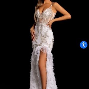 Glamorous White and Silver Feathered Prom Dress